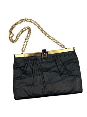 Vintage Mid Century Black Leather Frame Purse Gold Chain Strap Mad Men Style